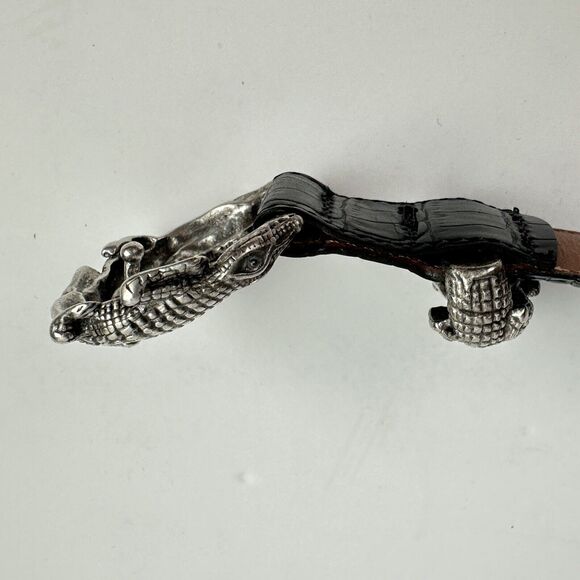 Vintage Sculptural Alligator Belt Silver Buckle Black Leather Strap Women\'s Sz S main image 9